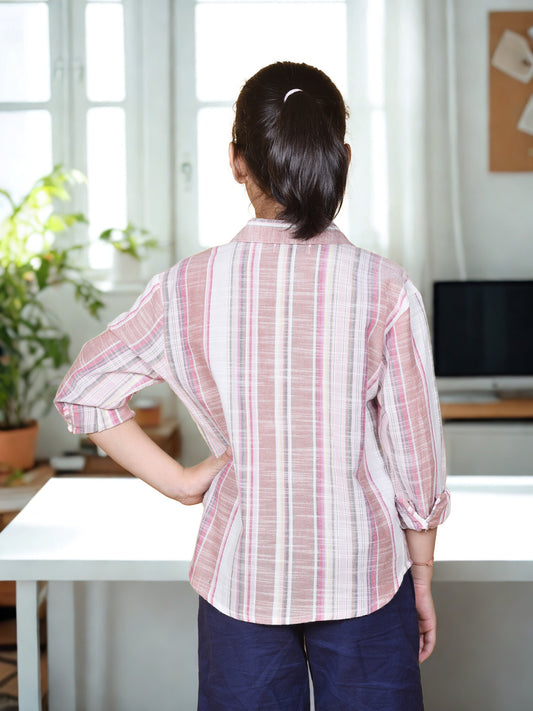Girls' Brown & White Striped Cotton Shirt