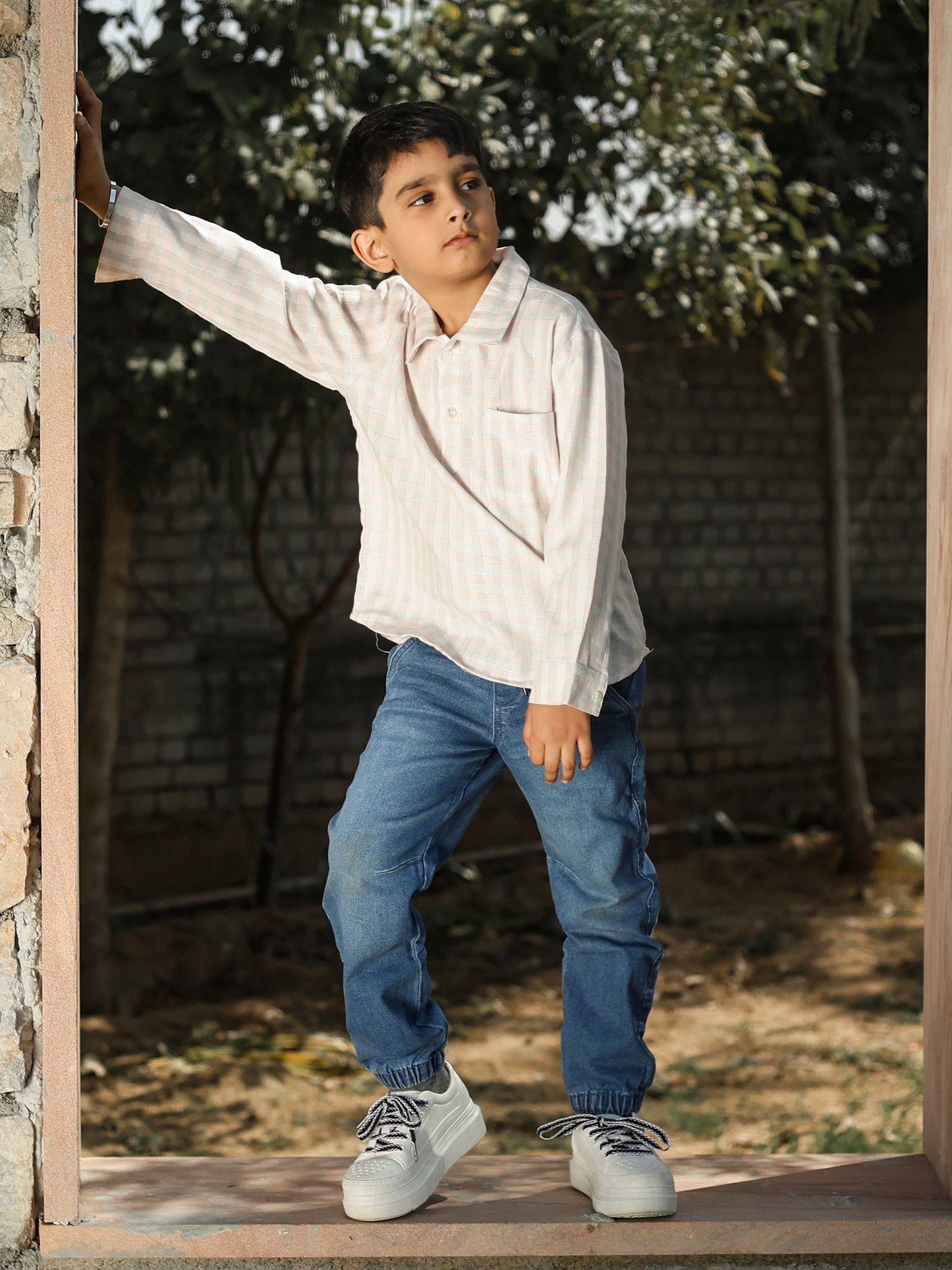 Boys’ Classic White Checkered Cotton Shirt