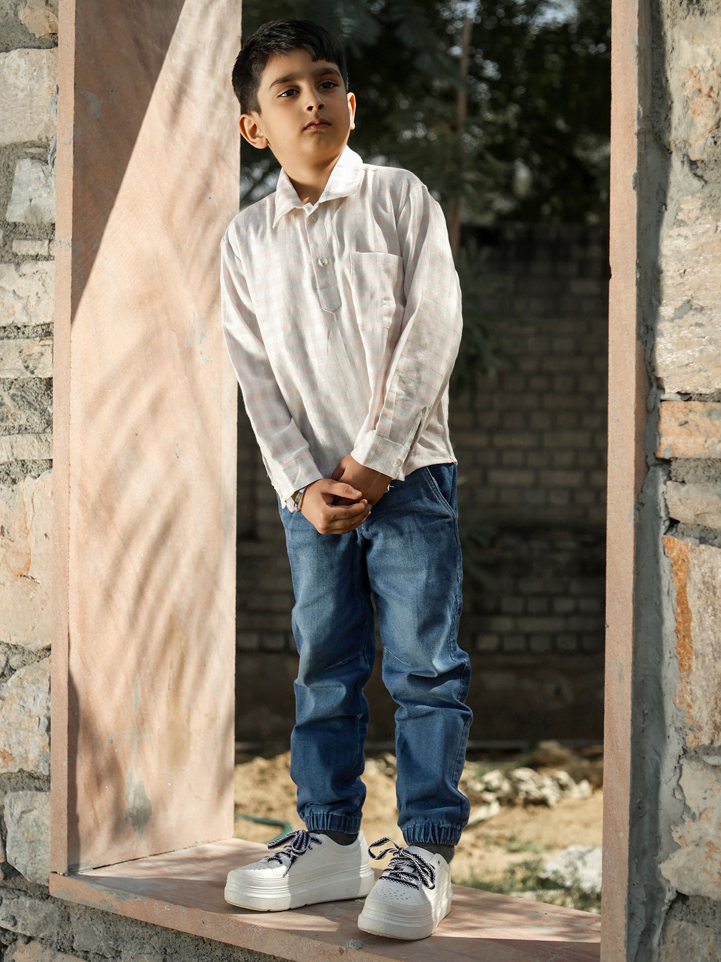 Boys’ Classic White Checkered Cotton Shirt