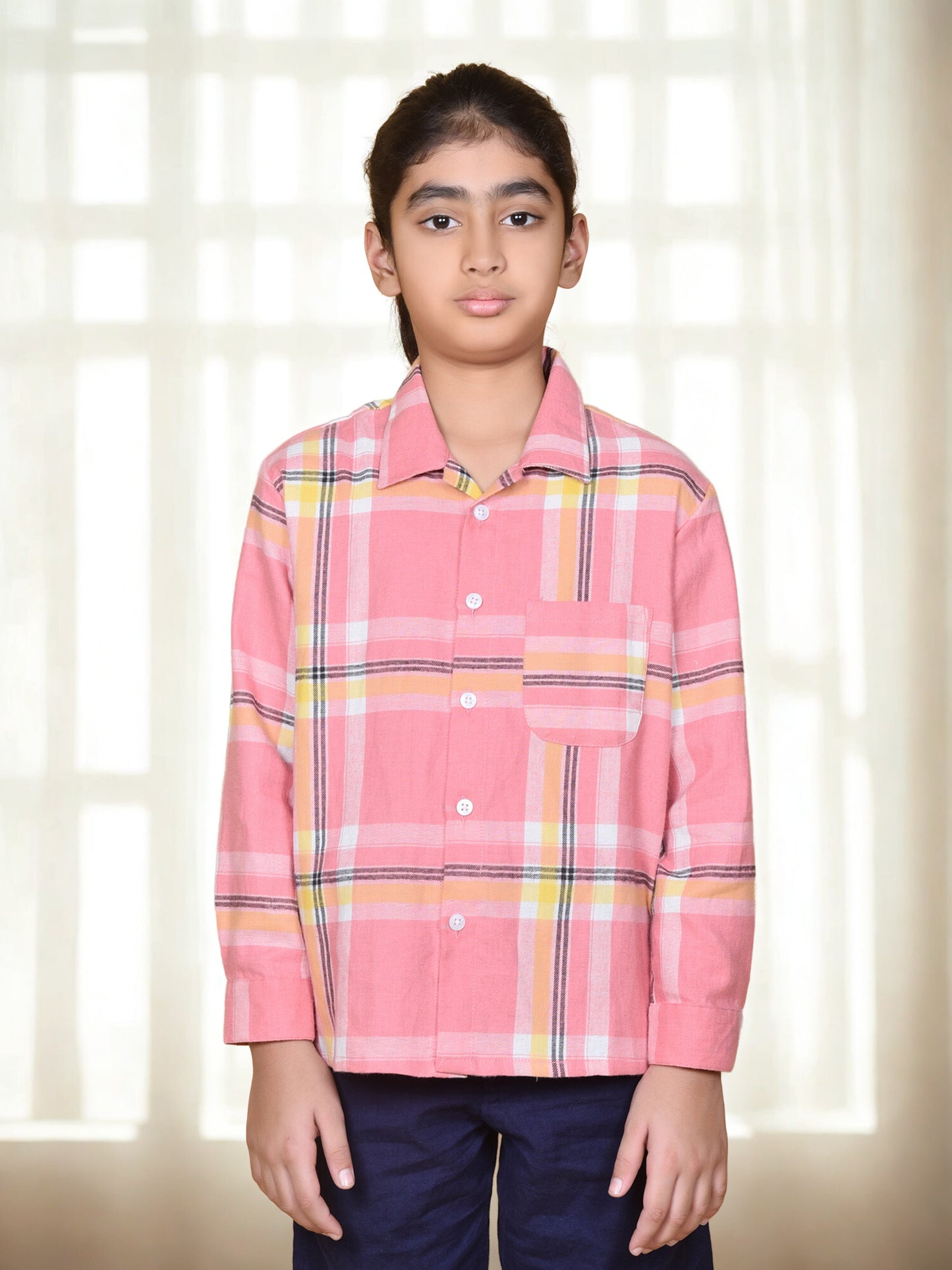 Girls' Pink Multicolor Checkered Cotton Shirt