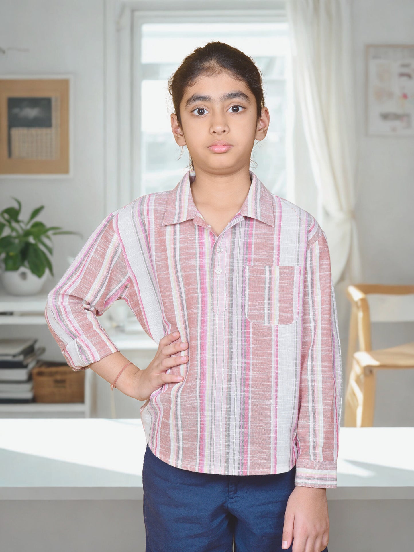 Girls' Brown & White Striped Cotton Shirt