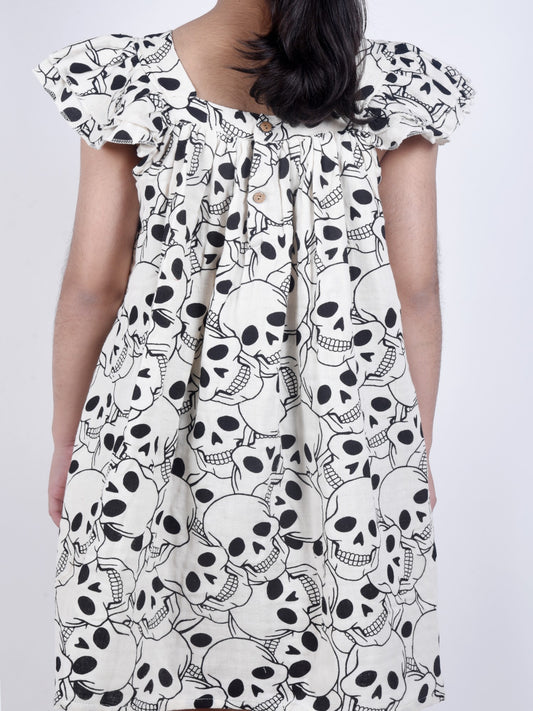 Girls Cotton Blend Skull Print A-Line Dress