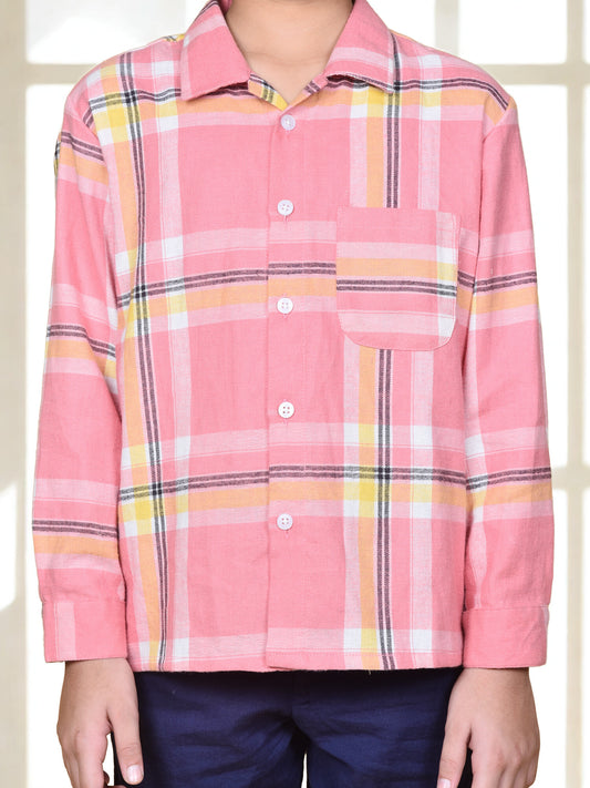 Girls' Pink Multicolor Checkered Cotton Shirt
