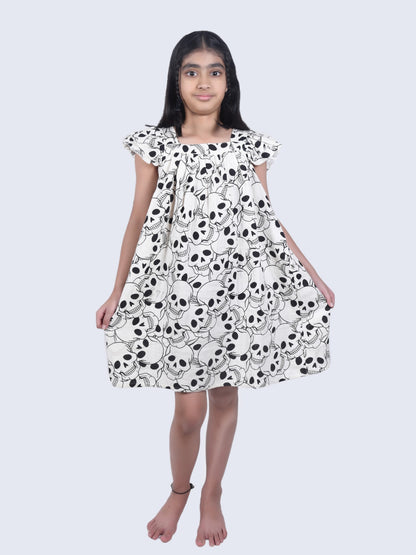 Girls Cotton Blend Skull Print A-Line Dress