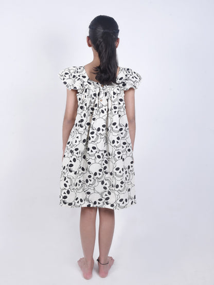 Girls Cotton Blend Skull Print A-Line Dress