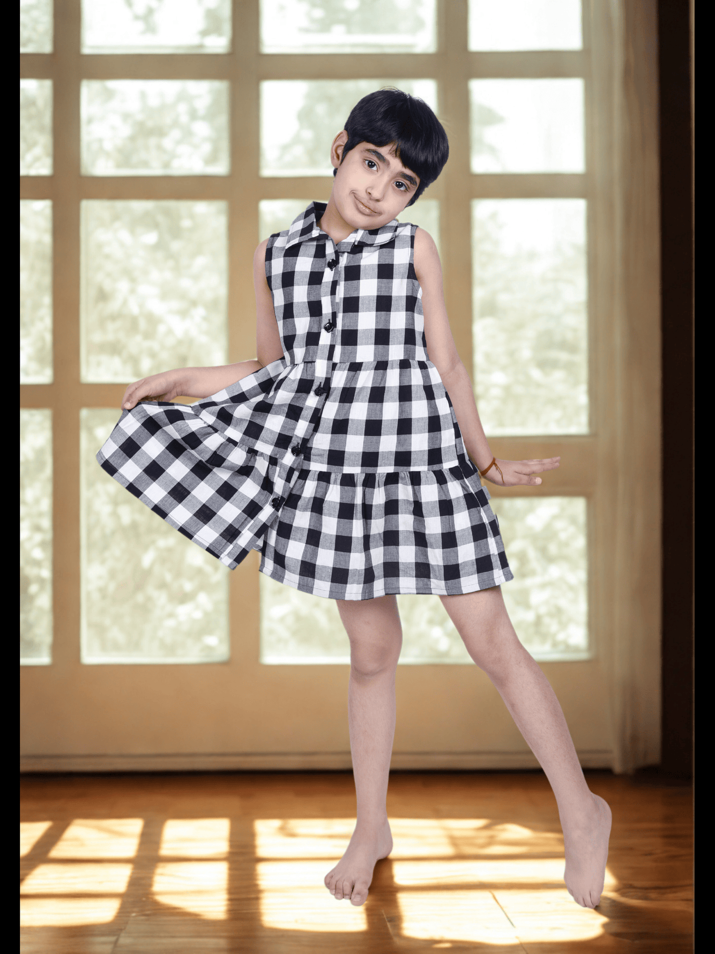 Girls Sleeveless Checkered Cotton Dress